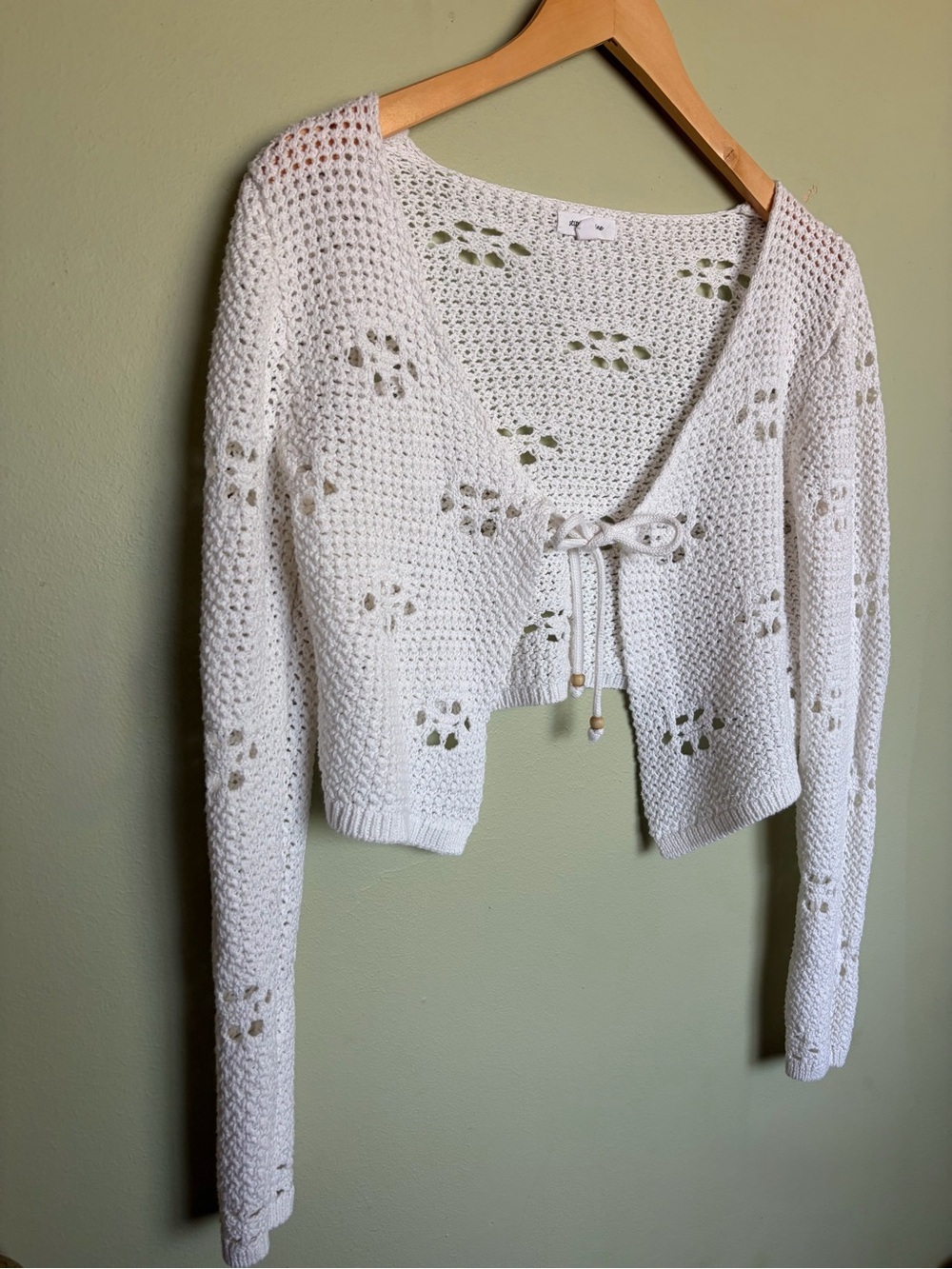 Open Crochet White Tie-Front Hippie Beachy Cardigan Boho Sweater Top Size M - Picture 8 of 16